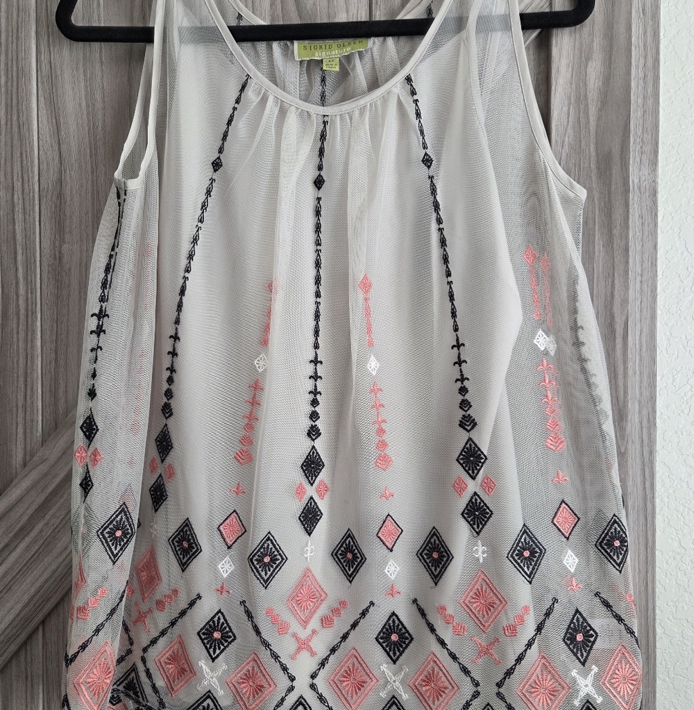 Sigrid Olsen, Sheer Cream Sleeveless Top With Intricate Embroidery